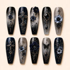 Dark Gothic Blue Floral Rhinestone 3D Press On Nails