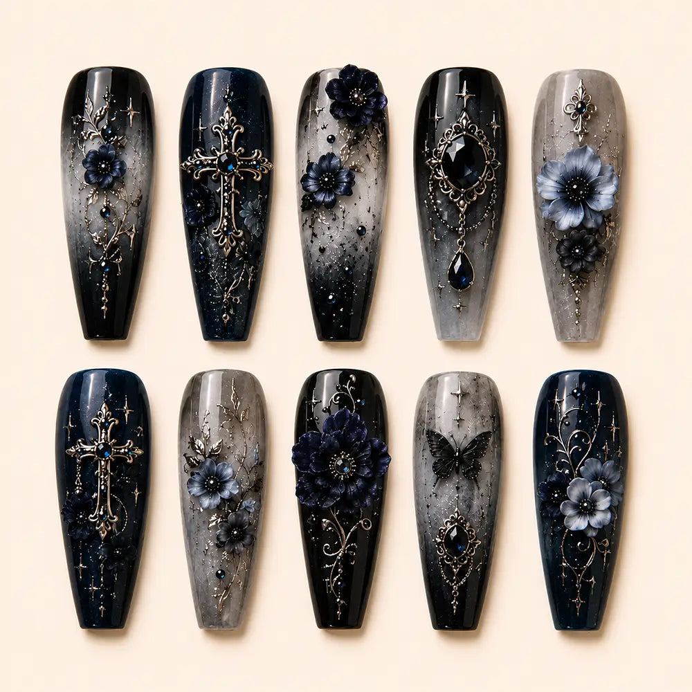 Dark Gothic Blue Floral Rhinestone 3D Press On Nails