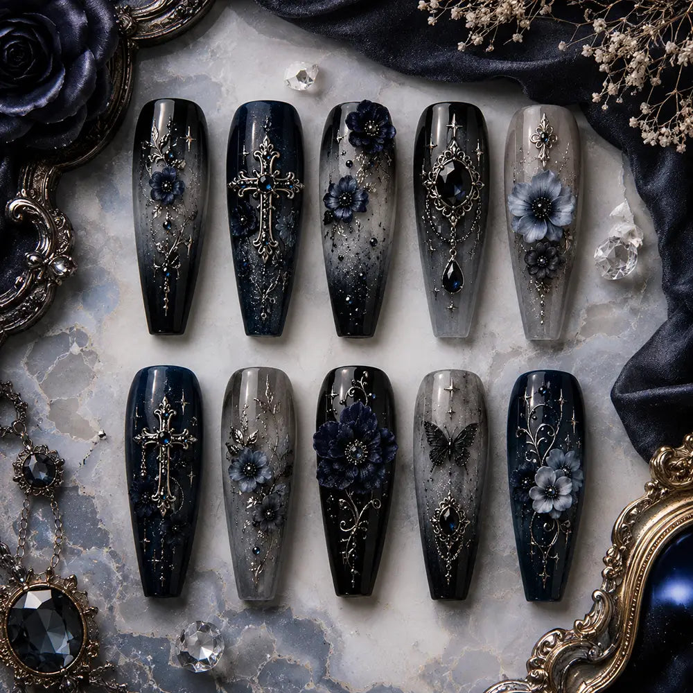 Dark Gothic Blue Floral Rhinestone 3D Press On Nails