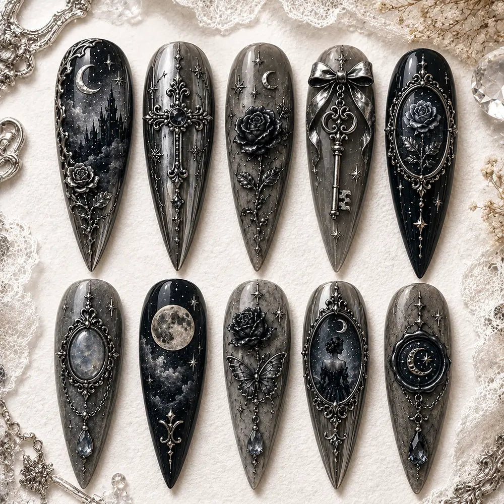 Dark Gothic Halloween Celestial Cameo Rhinestone Press On Nails