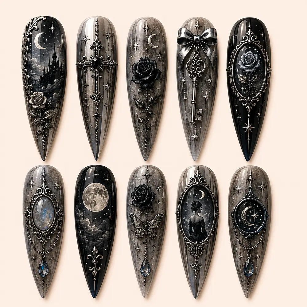 Dark Gothic Halloween Celestial Cameo Rhinestone Press On Nails