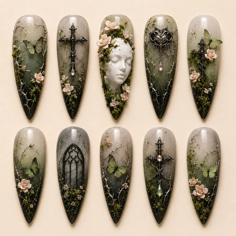 Dark Gothic Halloween Cross Butterfly Ombre Press On Nails