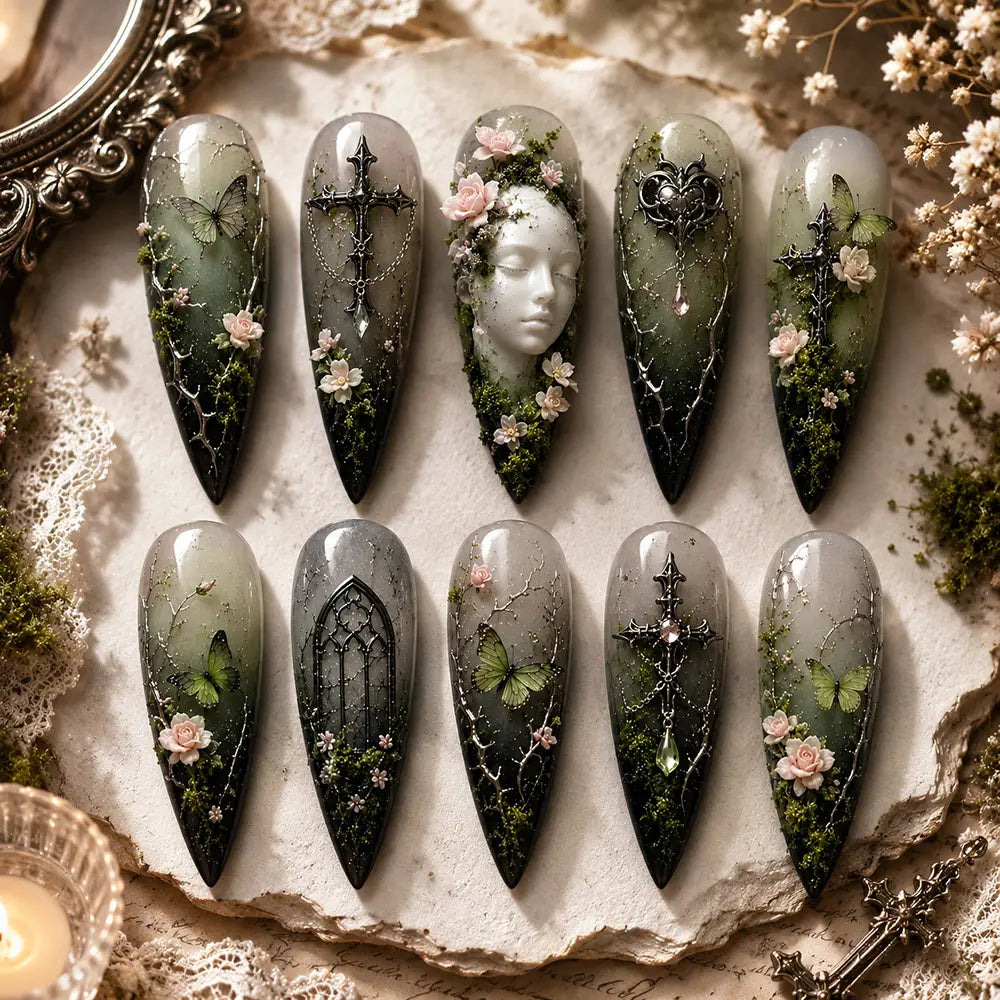 Dark Gothic Halloween Cross Butterfly Ombre Press On Nails