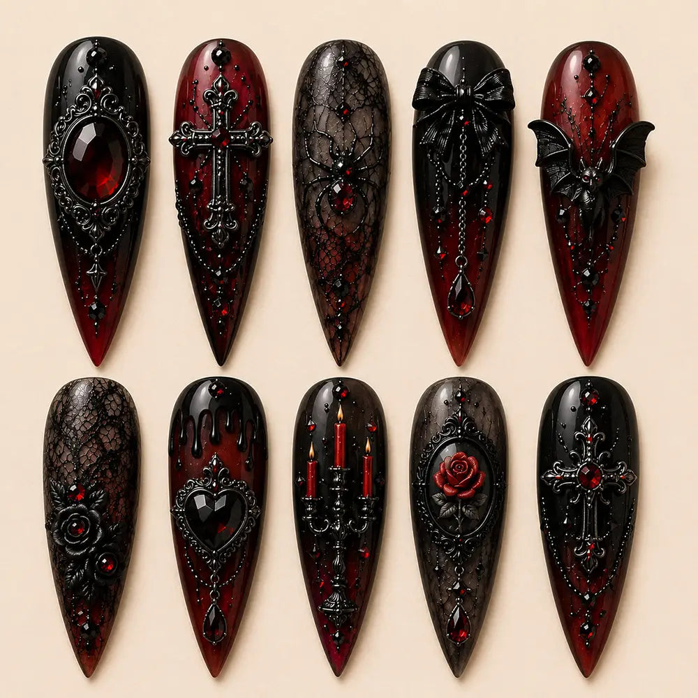 Dark Gothic Halloween Cross Lace Ombre Press On Nails