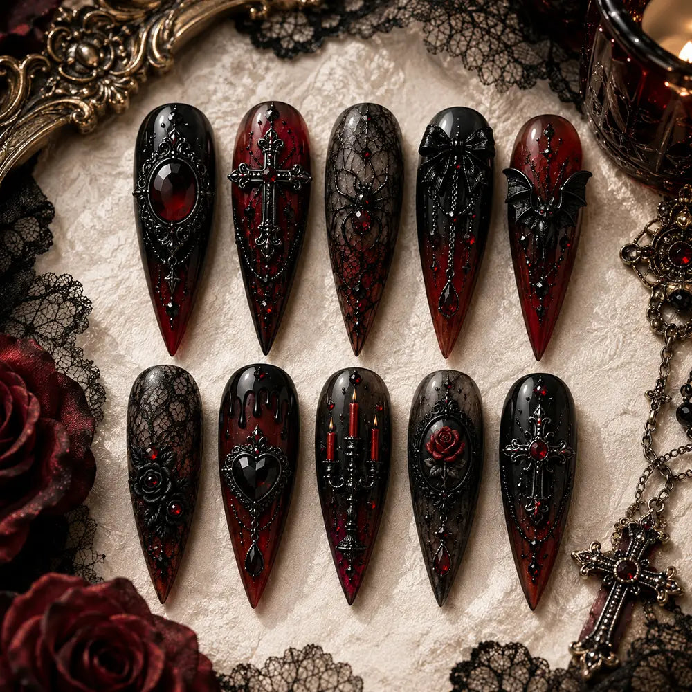 Dark Gothic Halloween Cross Lace Ombre Press On Nails