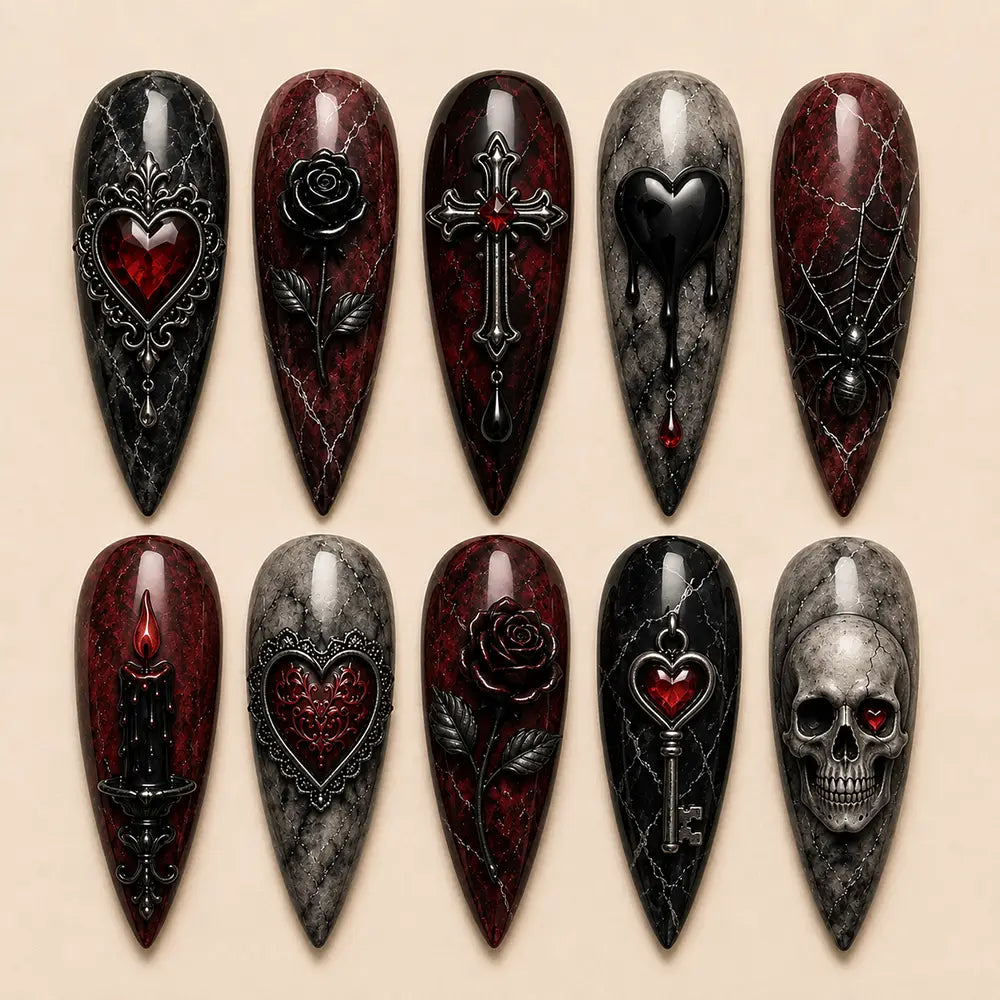 Dark Gothic Halloween Heart Marble Press On Nails
