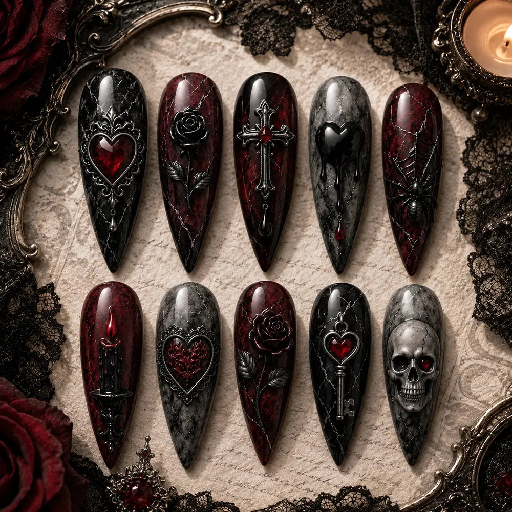 Dark Gothic Halloween Heart Marble Press On Nails