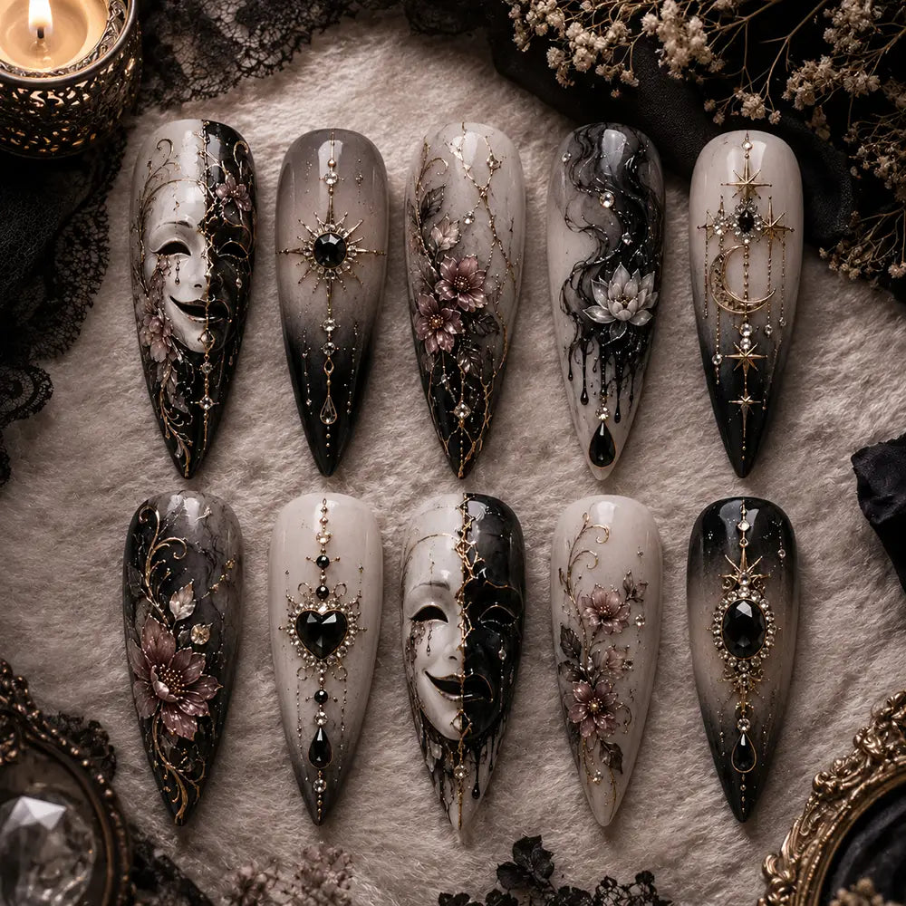 Dark Gothic Halloween Venetian Mask Rhinestone Press On Nails