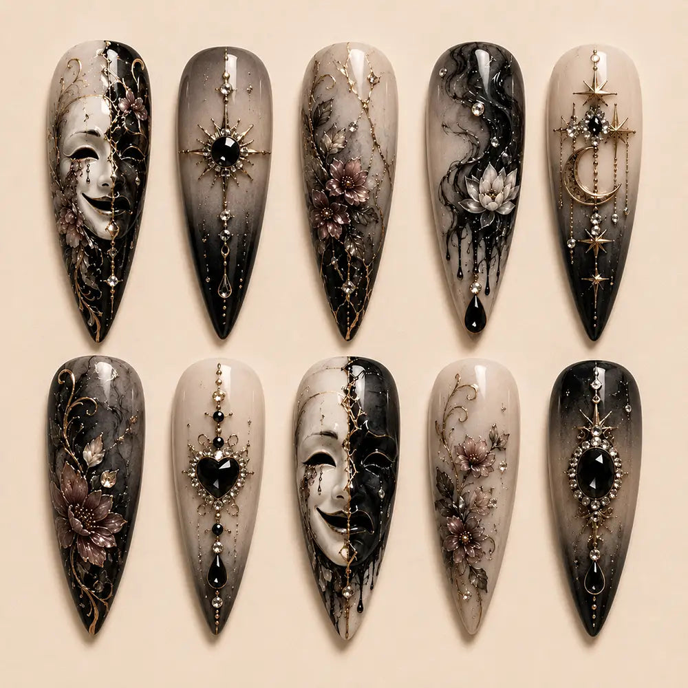 Dark Gothic Halloween Venetian Mask Rhinestone Press On Nails