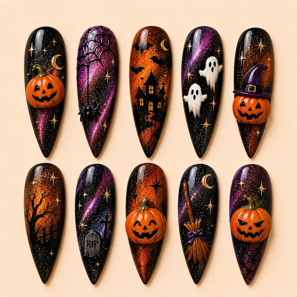Dark Halloween Pumpkin Haunted House Cat Eyes Press On Nails