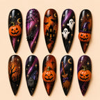 Dark Halloween Pumpkin Haunted House Cat Eyes Press On Nails