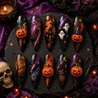 Dark Halloween Pumpkin Haunted House Cat Eyes Press On Nails