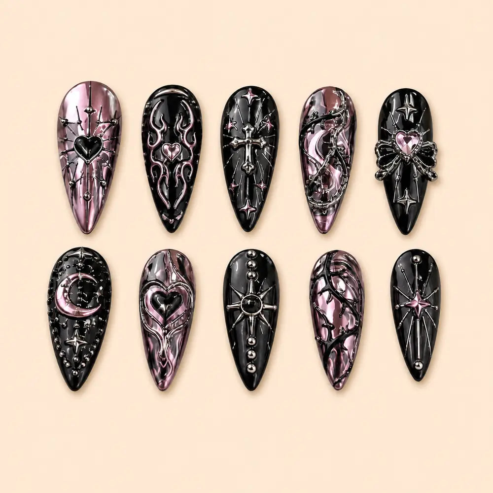 Dark Romantic Heart & Cross Gothic Press On Nails — image 1