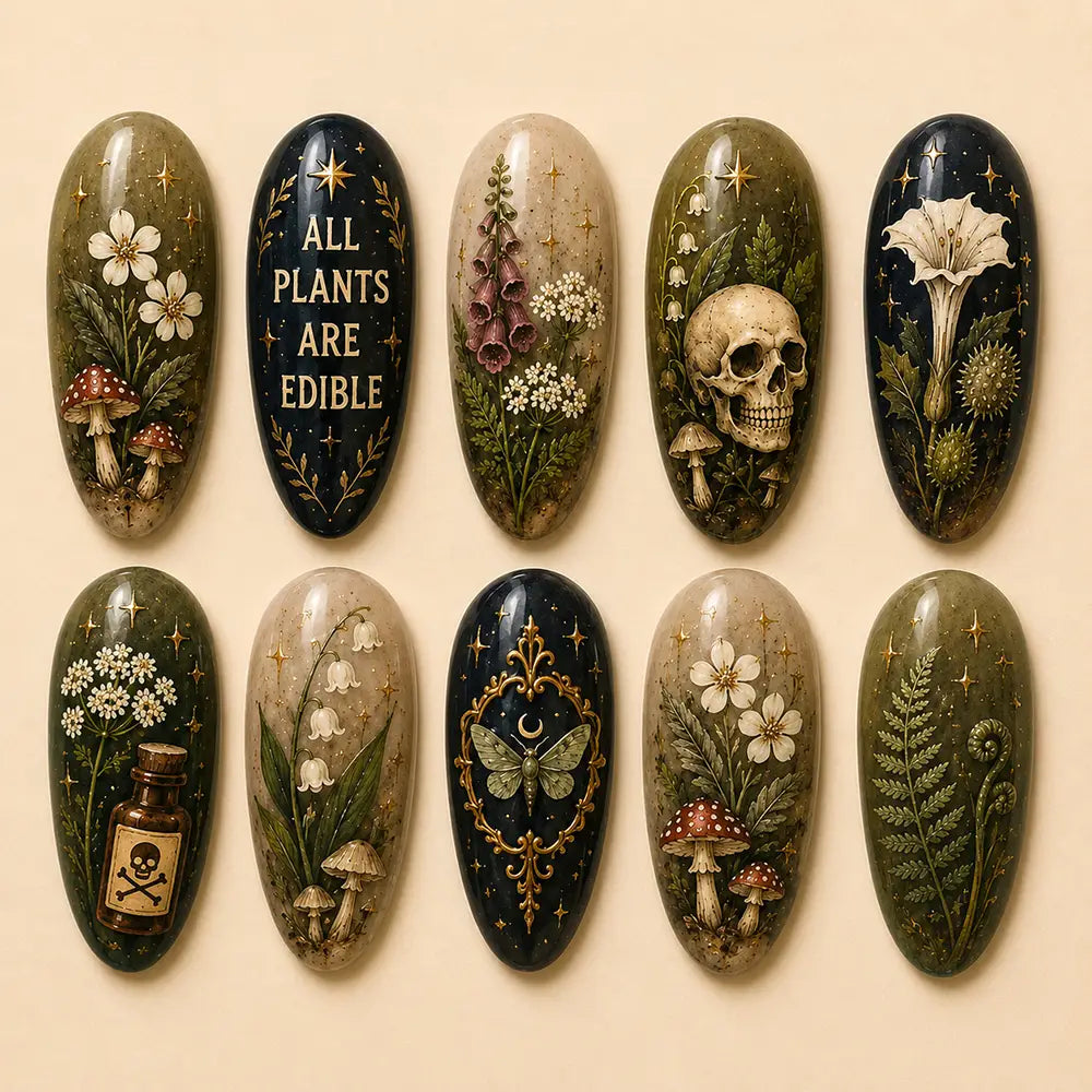 Dark Woodland Botanical & Mushroom Gold Accent Press On Nails