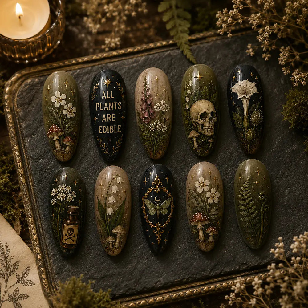 Dark Woodland Botanical & Mushroom Gold Accent Press On Nails