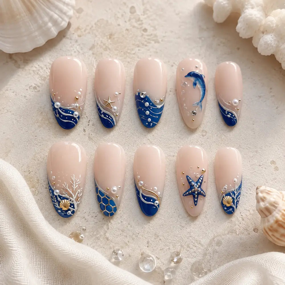 Deep Blue Dolphin & Starfish Press On Nails — image 2