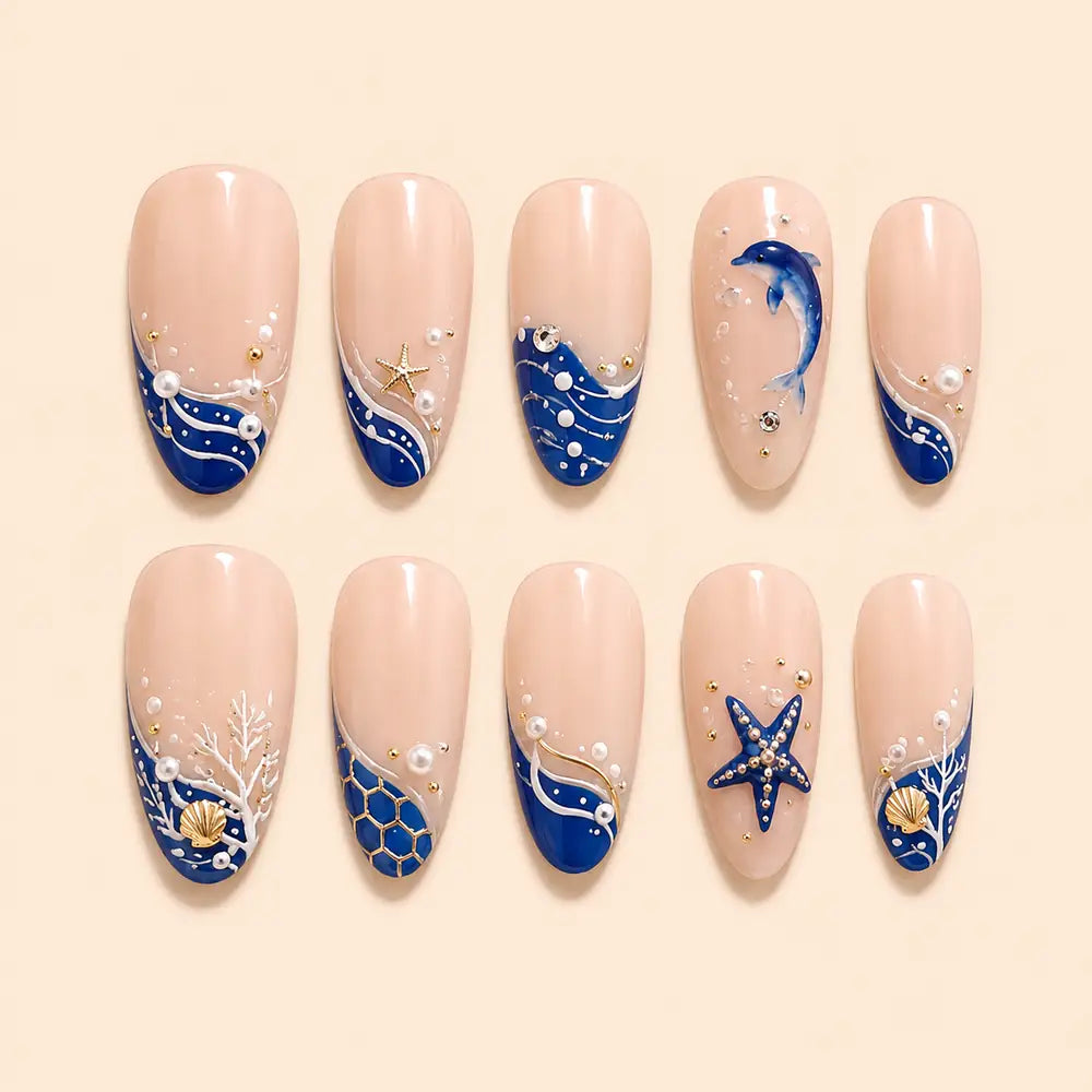 Deep Blue Dolphin & Starfish Press On Nails — image 1