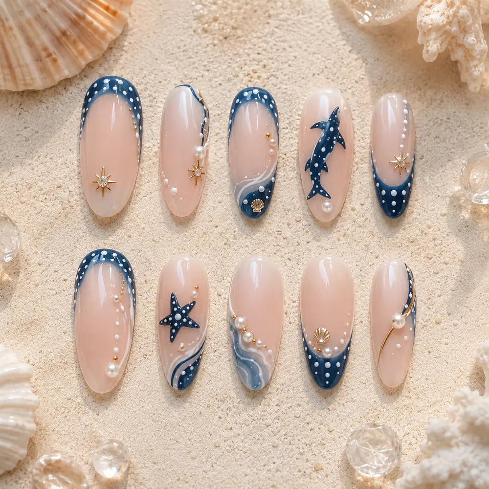 Deep Blue Shark & Seashell Press On Nails — image 2