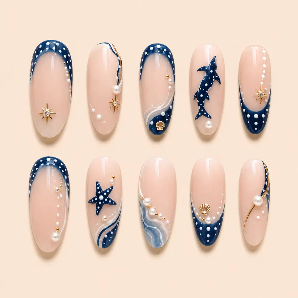 Deep Blue Shark & Seashell Press On Nails — image 1