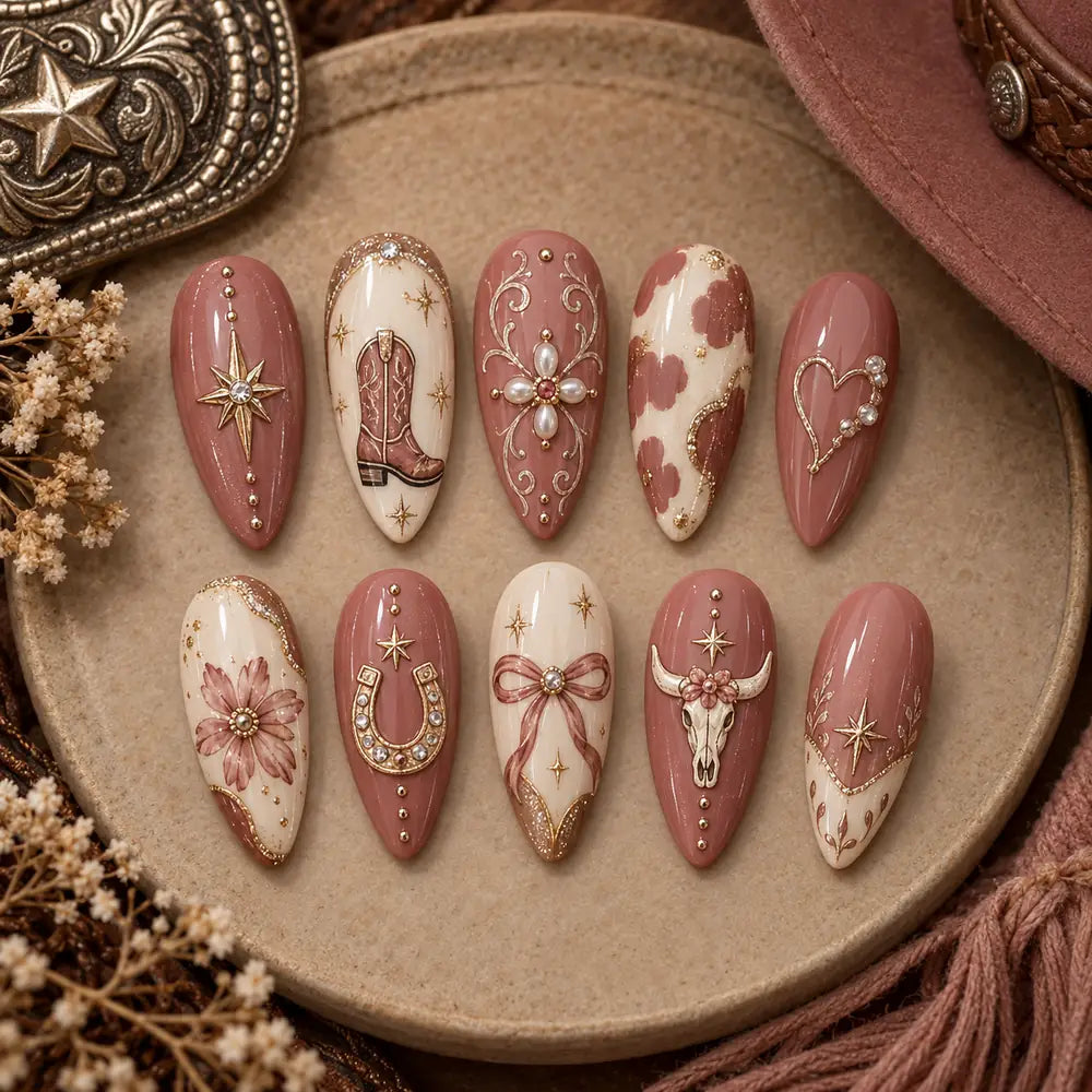 Dusty Rose Western Boot & Horseshoe Press On Nails — image 2