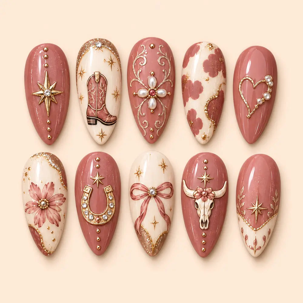 Dusty Rose Western Boot & Horseshoe Press On Nails — image 1