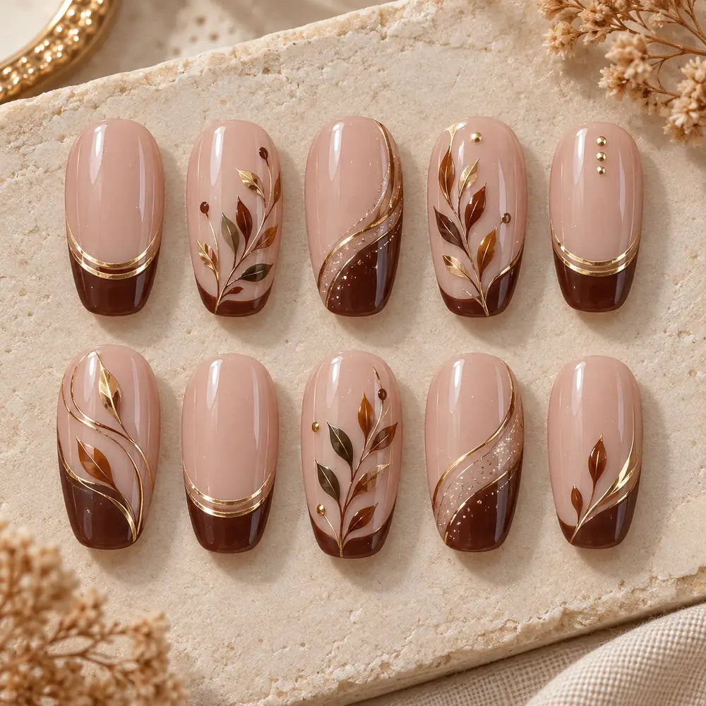 Earthy Botanical Brown French Press On Nails — image 2