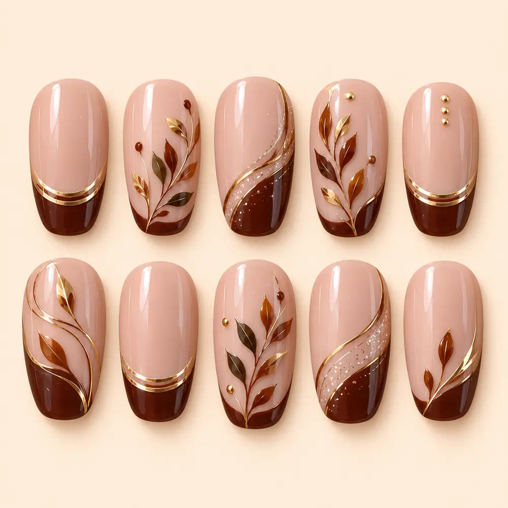 Earthy Botanical Brown French Press On Nails — image 1