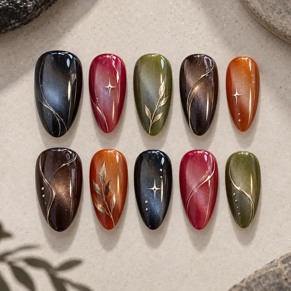 Earthy Botanical Star Cat Eye Press On Nails — image 2