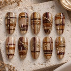 Earthy Brown Plaid Gold Accent Press On Nails — image 2