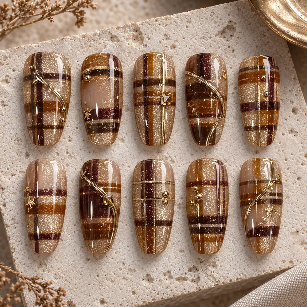 Earthy Brown Plaid Gold Accent Press On Nails — image 2