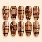 Earthy Brown Plaid Gold Accent Press On Nails — image 1