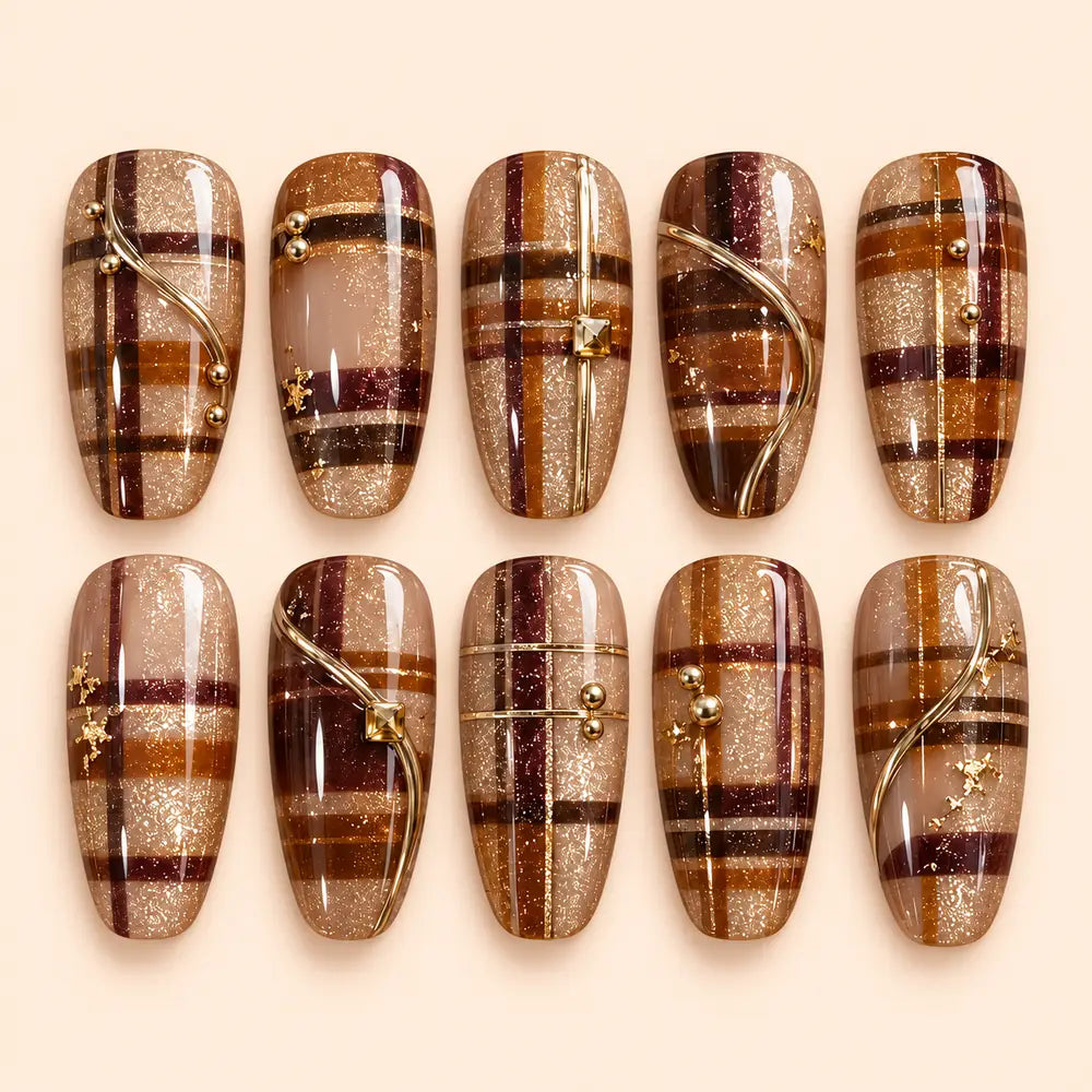 Earthy Brown Plaid Gold Accent Press On Nails — image 1