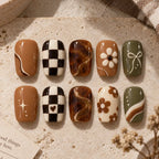 Earthy Retro Daisy Checkerboard 3D Press On Nails — image 2