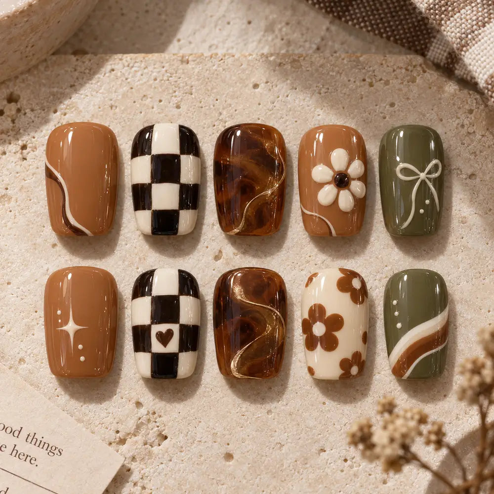 Earthy Retro Daisy Checkerboard 3D Press On Nails — image 2