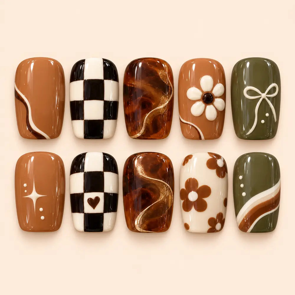 Earthy Retro Daisy Checkerboard 3D Press On Nails — image 1