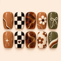Earthy Retro Daisy Checkerboard 3D Press On Nails — image 1