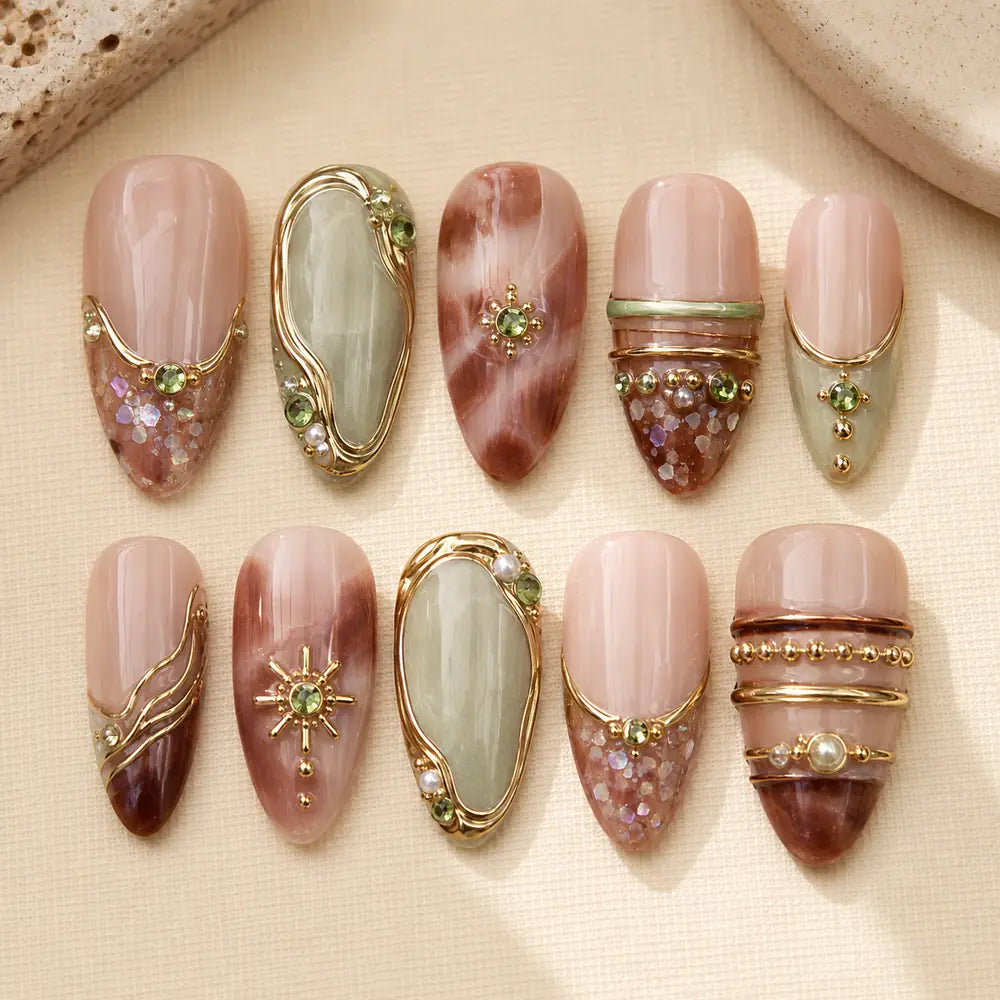 Earthy Rose Sage Jeweled Boho Press On Nails — image 2