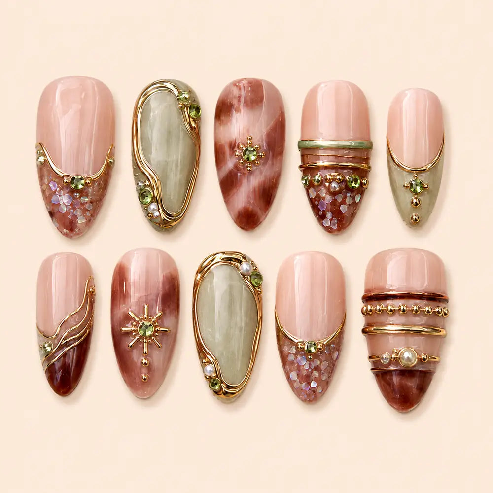 Earthy Rose Sage Jeweled Boho Press On Nails — image 1