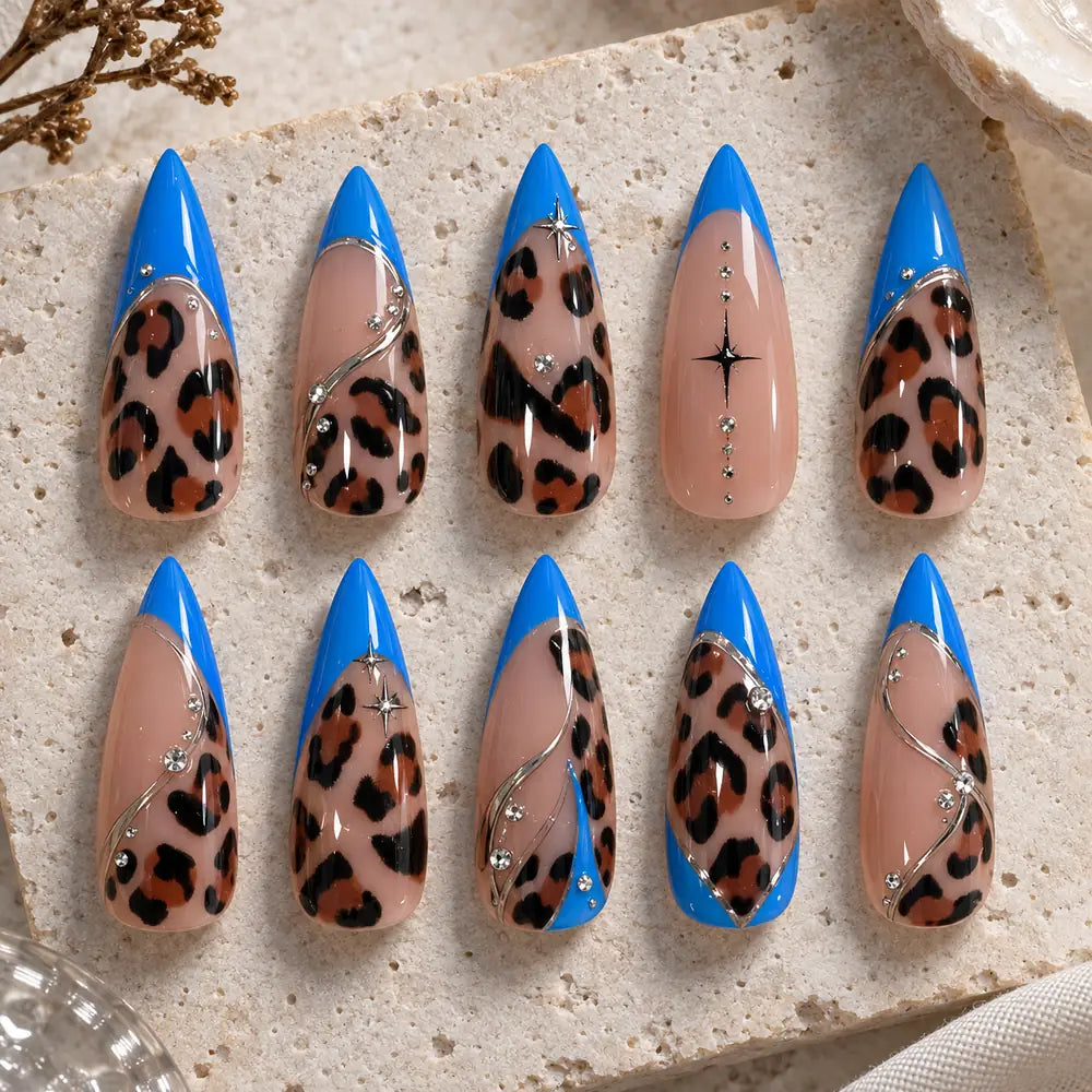 Electric Blue Leopard Rhinestone Press On Nails — image 2