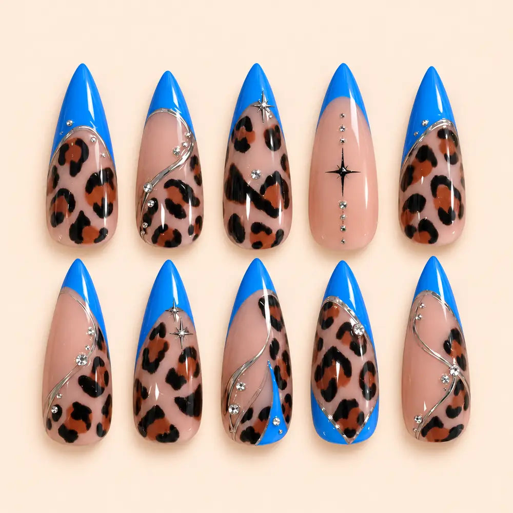 Electric Blue Leopard Rhinestone Press On Nails — image 1