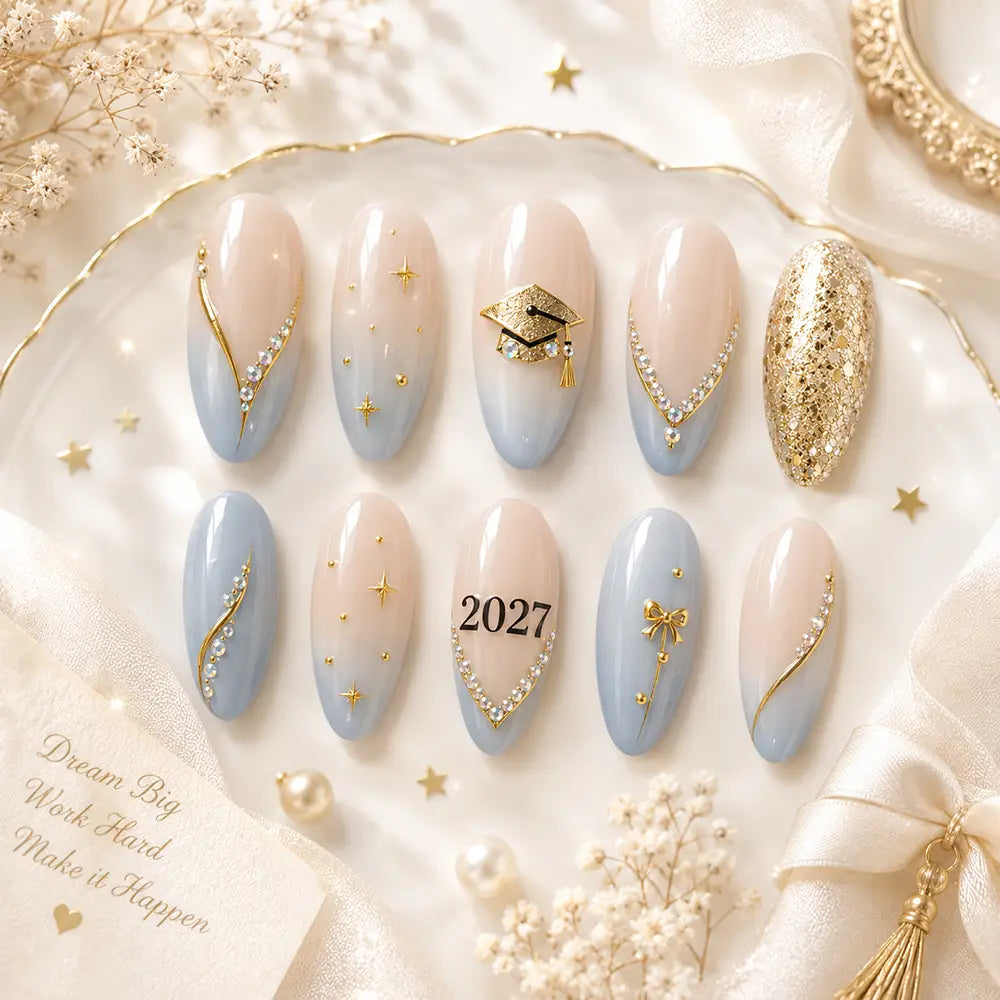 Elegant Graduation Graduation Cap & Gold Glitter Press On Nails