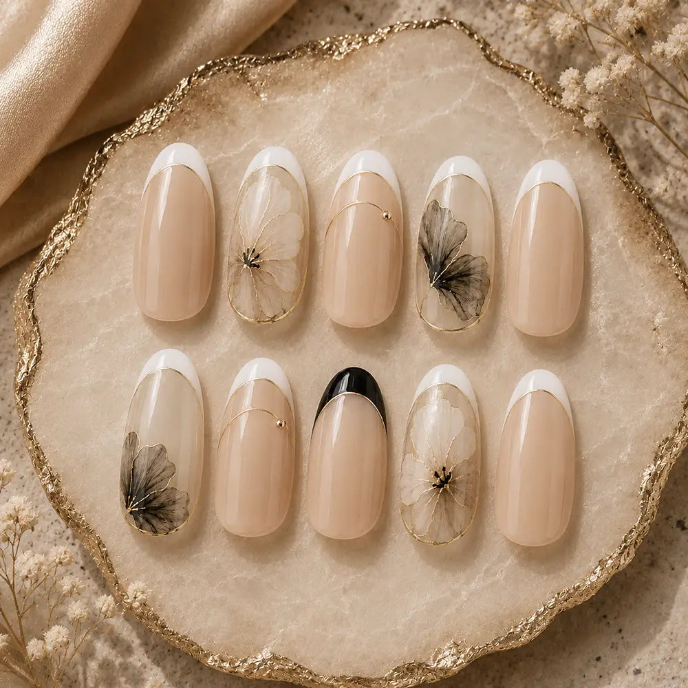 Elegant Floating Feather Ombre French Tip Press On Nails