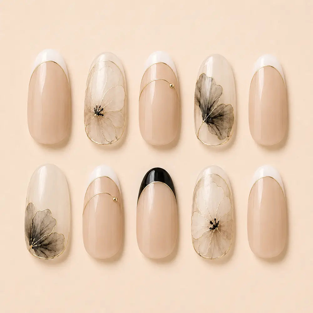 Elegant Floating Feather Ombre French Tip Press On Nails