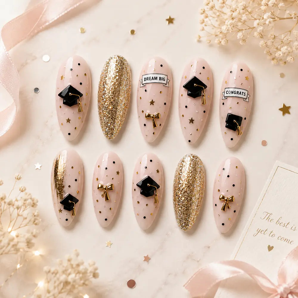 Elegant Graduation Graduation Cap & Crystal Ombre Press On Nails