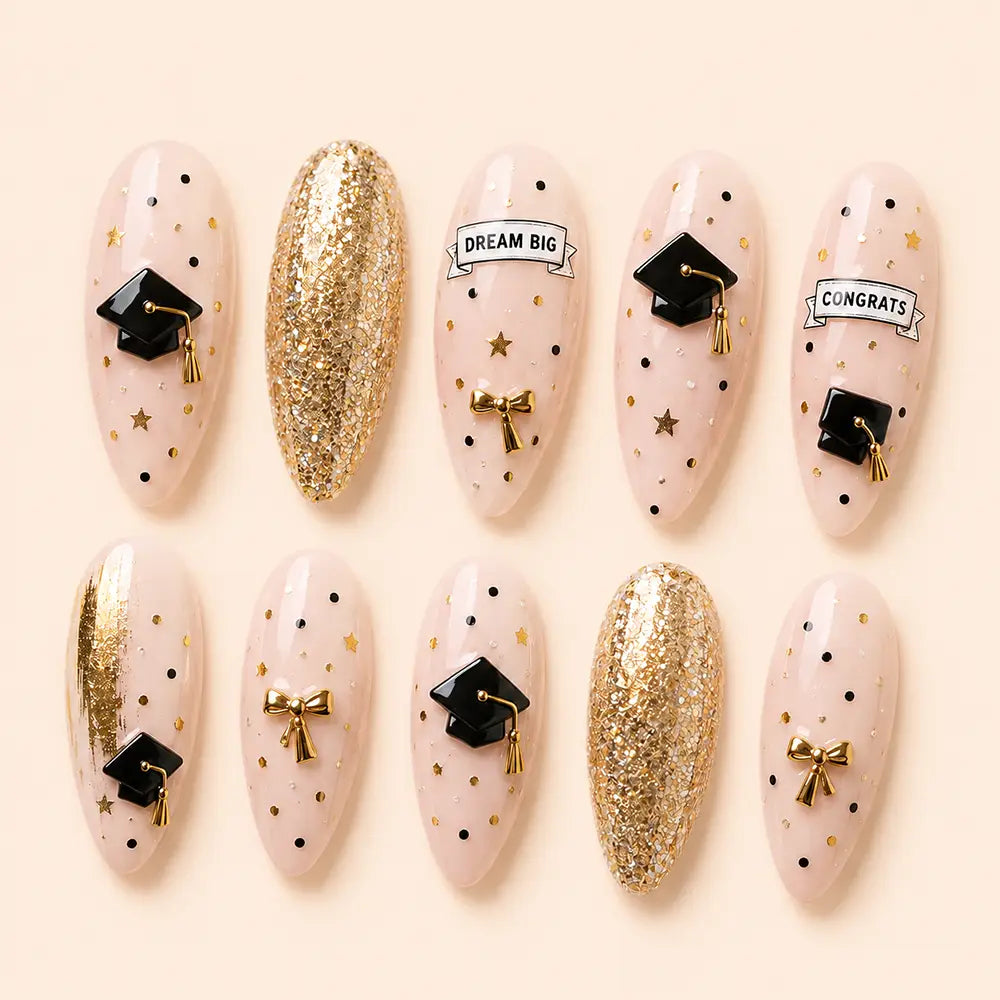 Elegant Graduation Graduation Cap & Crystal Ombre Press On Nails