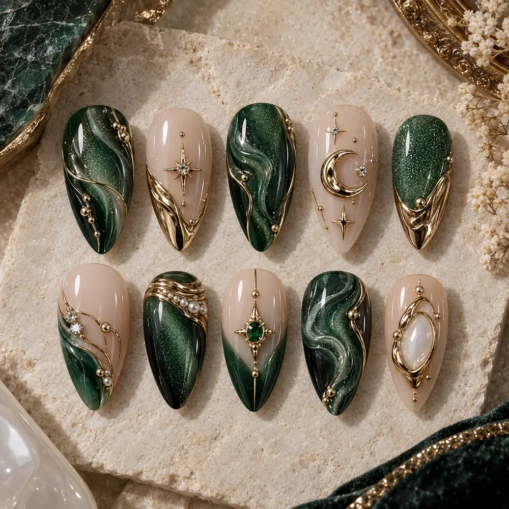 Emerald Celestial Marble 3D Press On Nails — image 2