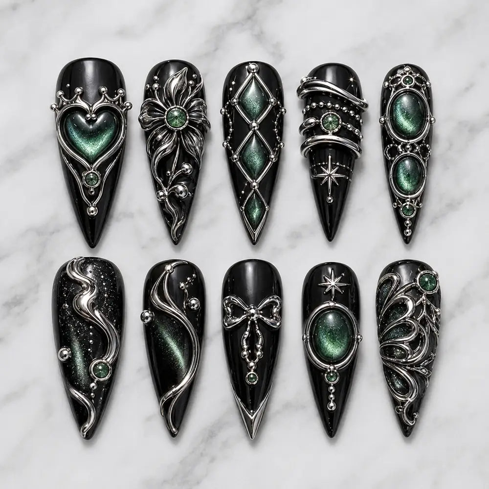 Emerald Heart & Star Gothic Cat Eye Press On Nails — image 2