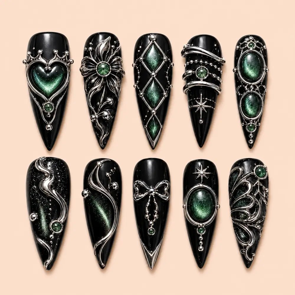Emerald Heart & Star Gothic Cat Eye Press On Nails — image 1