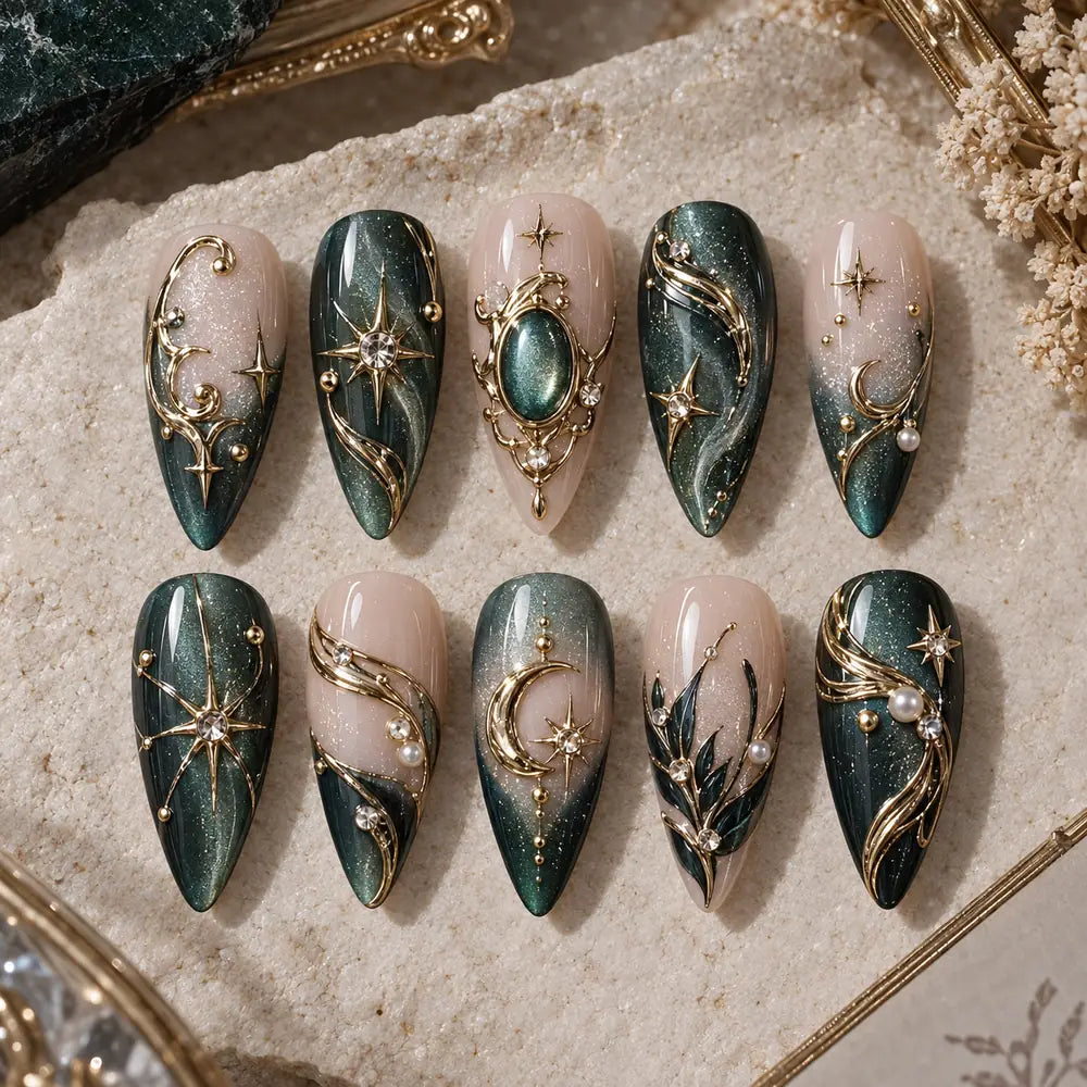 Emerald Moon and Star 3D Rhinestone Press On Nails — image 2