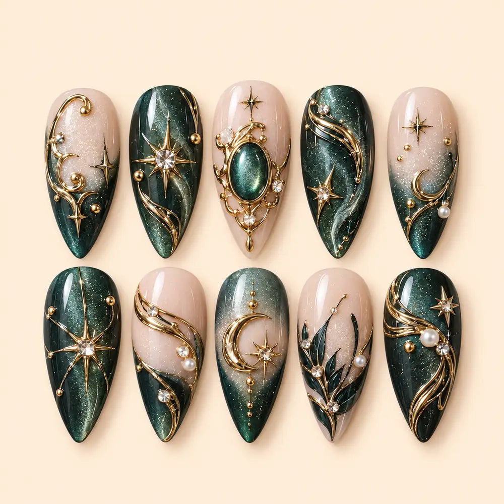 Emerald Moon and Star 3D Rhinestone Press On Nails — image 1